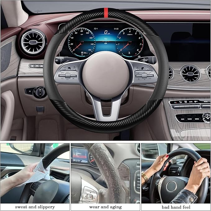 Black Carbon Fiber Leather Steering Wheel Cover, Microfiber Leather, Anti-Slip, Breathable, Universal Fit for 14.5–15 in Steering Wheel Cover for Men Women