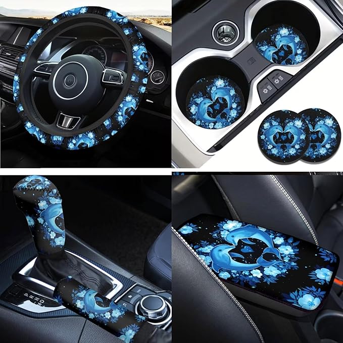 Neon Dolphin Car Steering Wheel Covers Set for Women Car Interior Accessories 6 Pcs Cute Blue Dolphin Handbrake Gear Cover Cup Coaster Armrest Cover Fit Vans Trucks,SUV