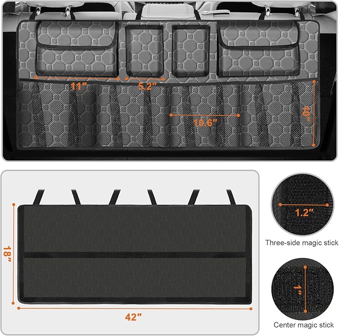 Car Trunk Organizer, Super Capacity Backseat Car Organizer for SUV/Truck/MPV(42"*18"), Hanging Car Storage Organizer with 8 Pocekts, Car Accessories for Women and Men- Grey