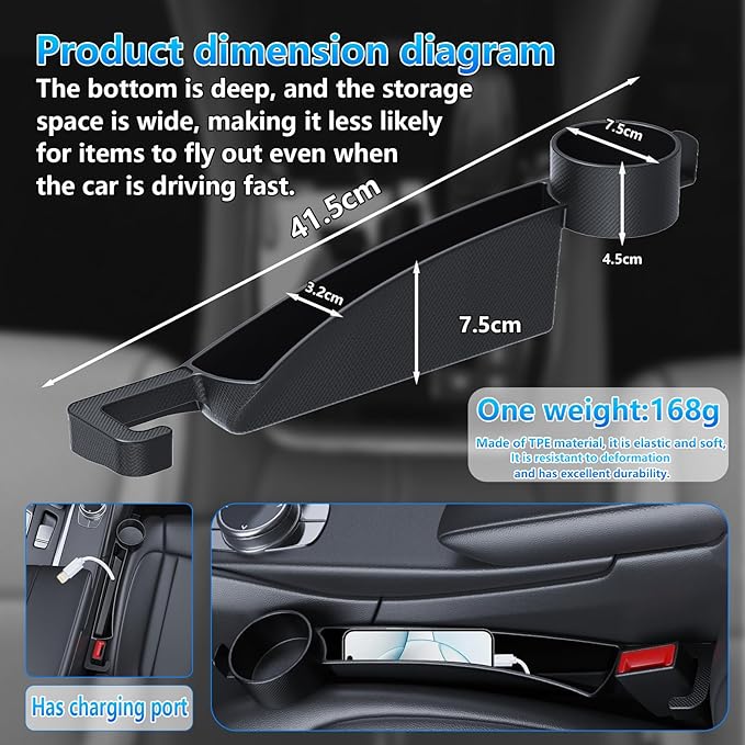 Seat Gap Filler Compatible with Mazda CX-5.Deeper Than Standard Retail Models(7.5cm)|Added Cup Holder (2 Fixed Points) + Hooks + Charging Cable Port |2pcs Black| Free Window Break Hammer 1pcs|