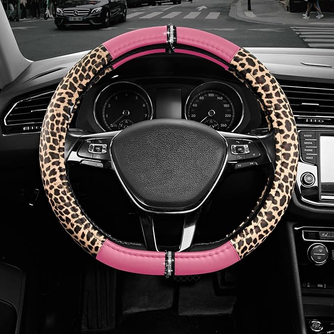 Road Comforts Leopard Steering Wheel Cover - Made with PVC Leather Cheetah Print, D-Shaped Automotive Steering Wheels - Anti-Slip, Universal Fit 14 1/2 inches to 15 inches - Pink