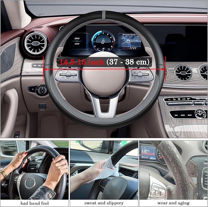 Black Gray Car Steering Wheel Cover, Nappa Leather, Bottom Color Blocking, Universal 14.5-15 Inch Leather Anti-Slip Breathable Auto Steering Wheel Covers for Men Women