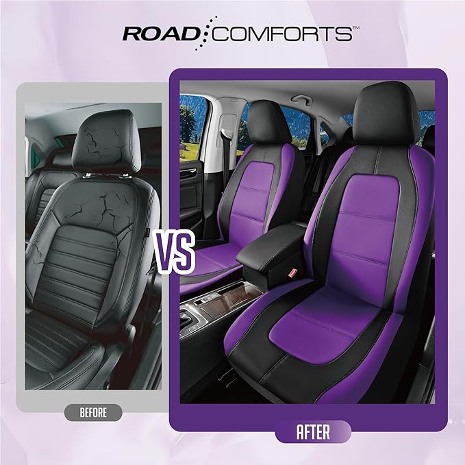 Road Comforts Car Seat Cover, Leather Car Seat Cover Full Set, Automotive Seat Covers, Airbag Compatible Universal Fit for Most Cars (Purple)