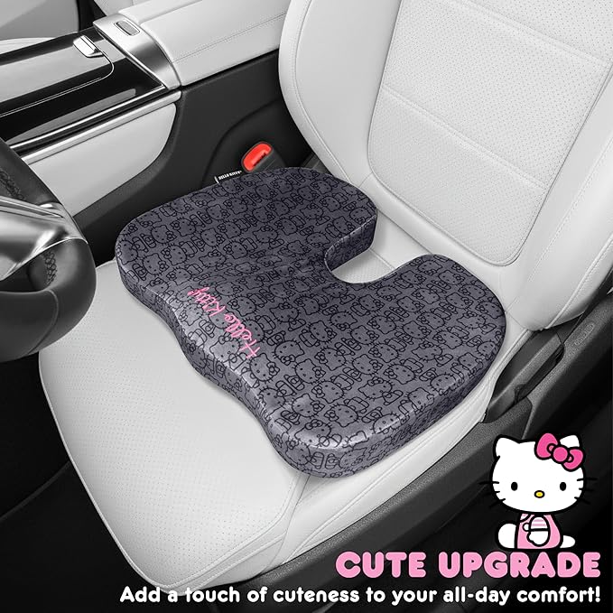 Carbella Officially Licensed Hello Kitty Seat Cushion - Cute Charcoal Gray Office Chair Cushion for Car, Home, Work or Desk - Comfort Memory Foam Cushions for Coccyx, Back, Tailbone Pain Relief Pillow