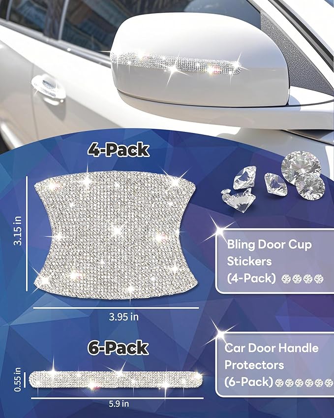 Bling Car Door Handle Protector, 10 PCS, White Sparkling Rhinestone Cars Door Protective Cover, Anti-Scratch Auto Handles Sticker, Universal Bling Car Accessories for Women