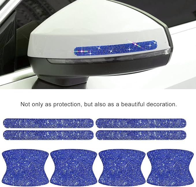 kingsea 8pcs Bling Car Door Handle Protector Stickers,Crystal Rhinestone Glitter Car Door Handles Cup Scratch Protectors Decals Universal (Blue)
