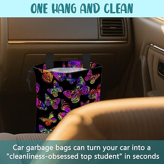 KXWQTRDD Car Garbage Bag Watercolor Colorful Butterflies Hanging Canvas Car Trash Bag Waterproof Drawstring Car Back Seat Organizer for Car Back Front Seat Console with Adjustable Buckle