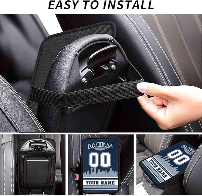 Custom Football Car Armrest Covers Personalized Football Style with Name Number Customized Auto Center Console Pad Car Handrail Box Cushion for Most Vehicle Decor Accessories, Blue