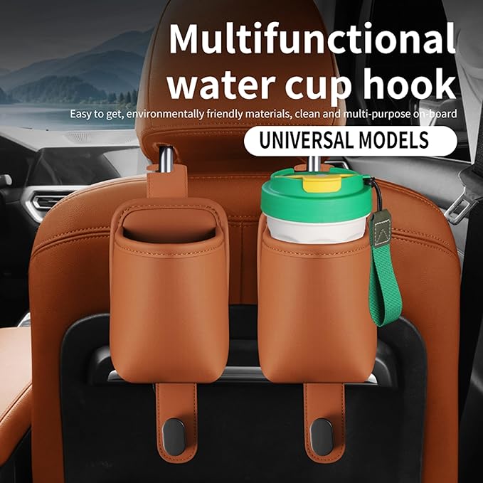 2-Pack Car Seat Back Cup Holder Organizer, Faux Leather Car Cup Holders with Hooks, Universal Backseat Storage for Drinks, Bottles & Travel Accessories (Orange)
