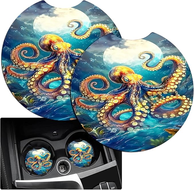 JANENFNA Car Armrest Cover Pads Universal Fashion Cute Auto Center Console Armrest Cover Pad with 2PCS Car Coasters Soft Waterproof Car Armrest Seat Protector for Women,Fierce Octopus
