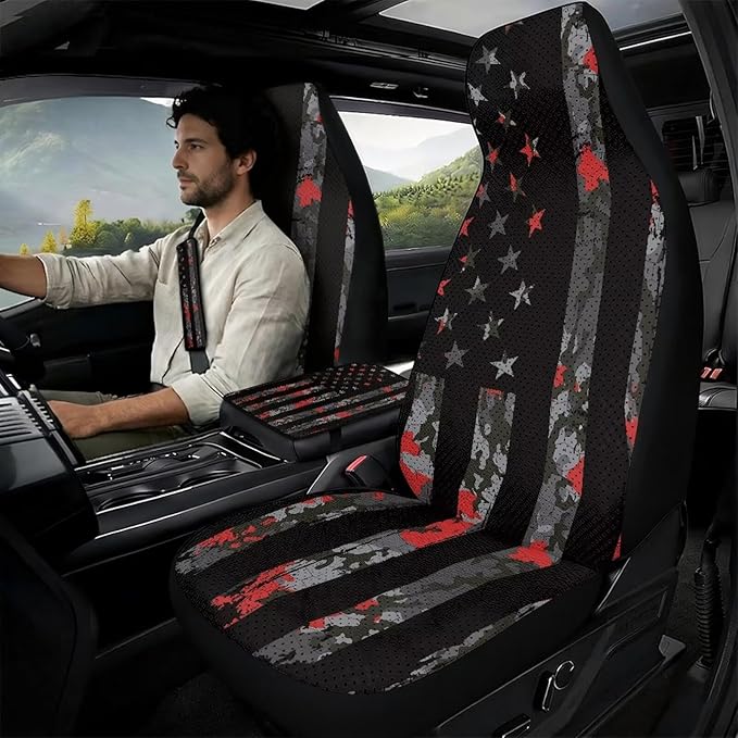 Oramclsy American Flag Car Seat Covers Set with Armrest Pad and Camouflage Seat Belt Cover 5 Pack Car Decor for Womens Men Universal Size