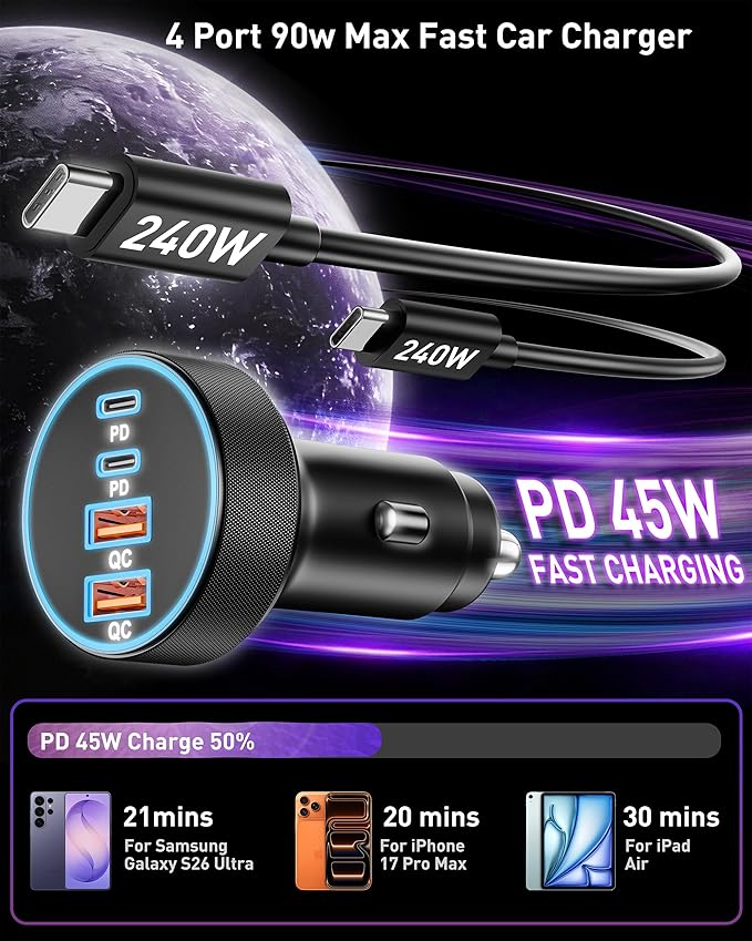 USB C Car Charger, 90W 4-Port Super Fast Charging Car Charger Adapter Dual USB-C & USB-A Cigarette Lighter with 240W Type C to C Cable Cord for Samsung Galaxy S25/S24/S23/S22/S21 Ultra, Android Phone