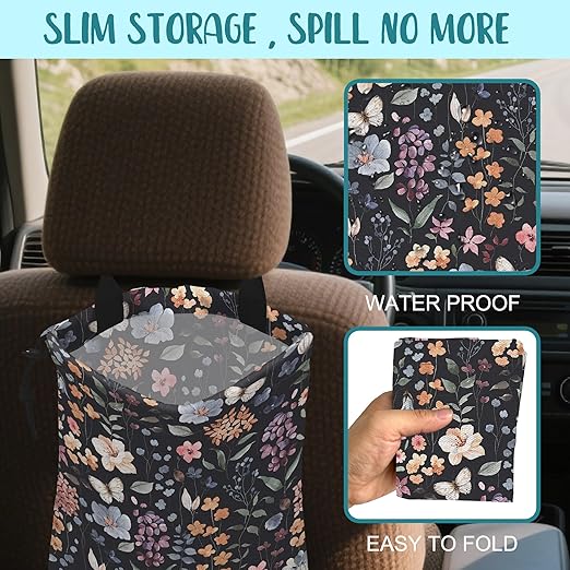 KXWQTRDD Car Garbage Bag Vintage Floral Watercolor Rustic Drawstring Car Trash Bag Hanging for Back Seat with Adjustable Buckle Canvas Vehicle Trash Can Easy-to-Install