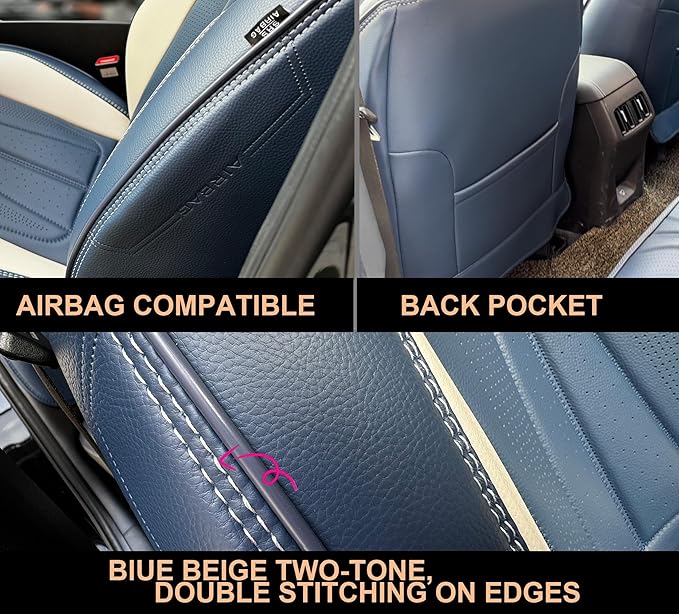 PINCTROT Car Seat Covers Front Set, Breathable Soft Pebbled Leather, Luxury Waterproof Seat Cushion, Airbag Compatible, Seat Protector Universal Fit Most Cars (Front Set, Blue Beige)