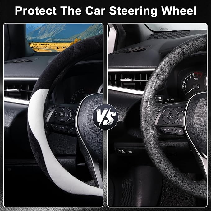 COFIT Plush Steering Wheel Cover Winter, Soft Warm Furry Grip Protector for Cars SUVs Trucks, Fits 14.5-15 Inch, Non-Slip Interior Accessory, White