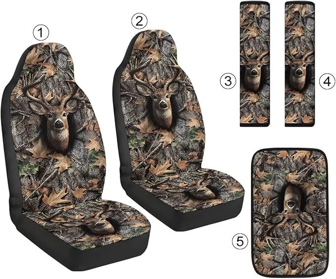 Qeluxign 5 Piece Car Seat Covers Full Set for Men Women Camouflage Deer Head PU Leather Front Seats Cover Auto Seatbelt Shoulder Pads Vehicle Center Console Armrest Cover