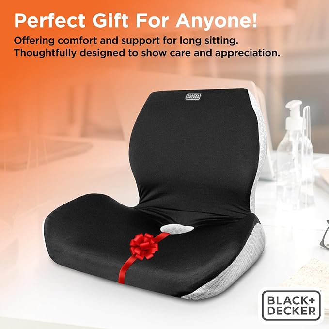 BLACK+DECKER Memory Foam Full Chair Shape Seat Cushion – Lumbar and Seat Cushion Combo for Office, Car, Wheelchair & Airplane – Ergonomic, Tailbone & Back Pain Relief, Washable Cover