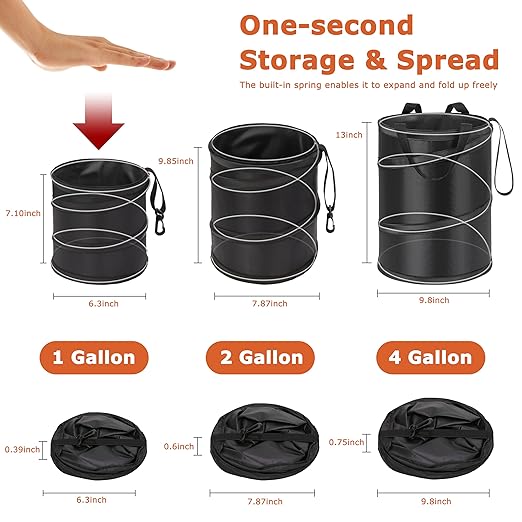 Ginsco New Leakproof Car Trash Can, 1 Gallon Mini Trash Can Pop-up Collapsible Hanging Car Trash Bin with Hook and Loop, Waterproof PEVA Liner Open-Top Garbage Can for Cars Home Office