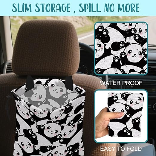 KXWQTRDD Car Garbage Bag Cute Black Panda Drawstring Car Trash Bag Hanging for Back Seat with Adjustable Buckle Canvas Vehicle Trash Can Easy-to-Install