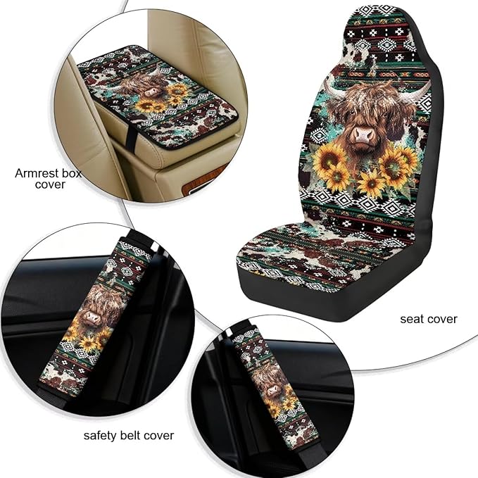 Qeluxign Car Seat Covers 2 Front Seats Universal Center Console Protector Auto Seat Belt Cover Against Stains, Spills, Dust Car Interior Accessories 5 Piece Set,Highland Cow Sunflower Tribal
