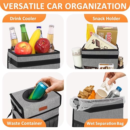 Vankor 3 Gallons Car Trash Can with Lid, Car Trash Bag Bin Hanging Waterproof Automotive Garbage Cans Leak Proof Vehicle Can Grey