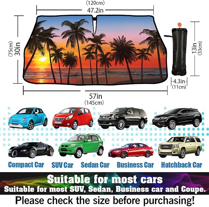 DOPINDU Palm Trees Sunset Car Windshield Sun Shade Umbrella Bendable Handle Foldable Tropical Beach Sunset Sunshade for Car Front Windshield Block UV Rays Keep Vehicle Cool 57"x30"