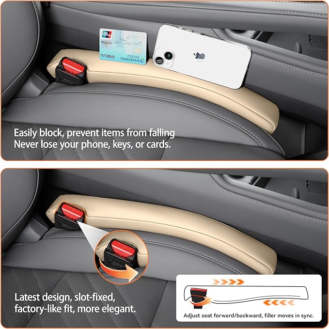 POKSRI 2PCS Leather Car Seat Gap Filler organizer,Gap plug box for car seat space,fill between gap strip,Fits gaps 3.5-6cm(1.4-2.4 in) wide(Beige)