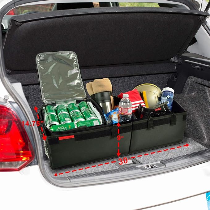 Picnic at Ascot Heavy Duty Rigid Base Trunk Organizer with 28 Can Capacity Leak Proof Cooler- Adjustable Dividers - 30" wide x 15" deep - Designed & Quality Approved in the USA