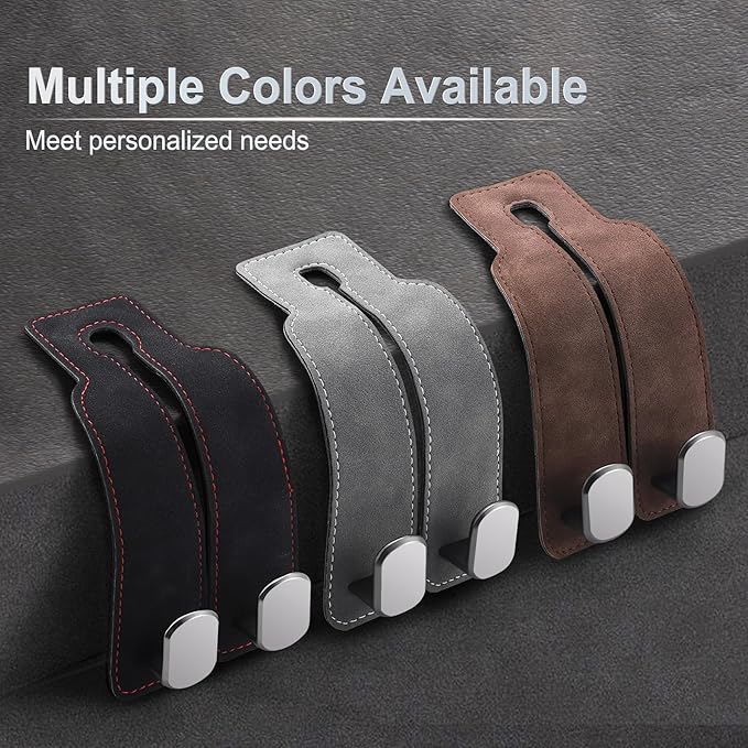 LivTee Car Hook, 2-Pack Leather & Iron Headrest Mount Hangers for Bags, Coats & Phones (Black)