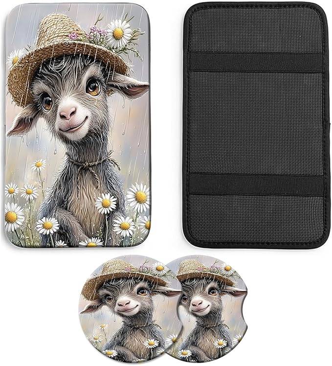 JANENFNA Car Armrest Cover Pads Universal Fashion Cute Auto Center Console Armrest Cover Pad with 2PCS Car Coasters Soft Waterproof Car Armrest Seat Protector for Women,Goat in Daisy Rain