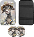 JANENFNA Car Armrest Cover Pads Universal Fashion Cute Auto Center Console Armrest Cover Pad with 2PCS Car Coasters Soft Waterproof Car Armrest Seat Protector for Women,Goat in Daisy Rain