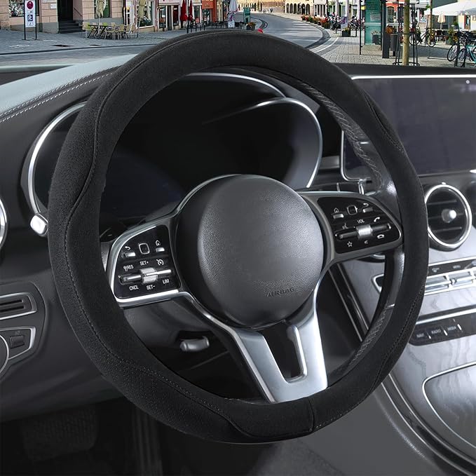14 inch Black Suede Steering Wheel Cover, Breathable Non-Slip Sweat-Proof Wear-Resistant No Pilling, Warm in Winter and Cool in Summer
