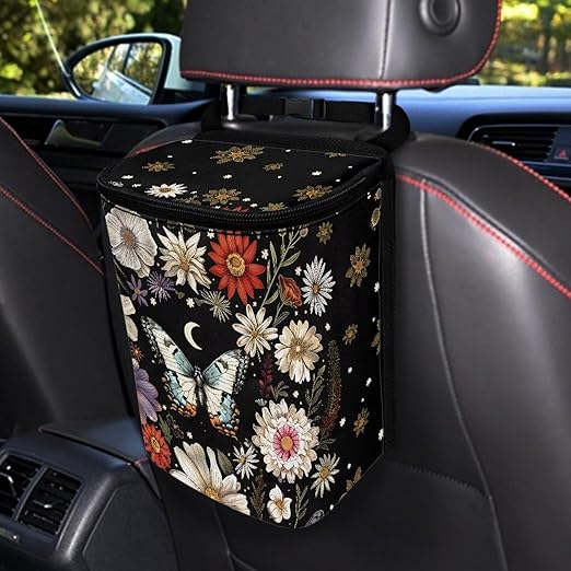 Talayituse Butterfly Daisy Moon Print Car Trash Can with Lid, Leak Proof Auto Trash Bag Hanging Vehicle Garbage Can Multipurpose Storage Container for Back Seat Road Trip