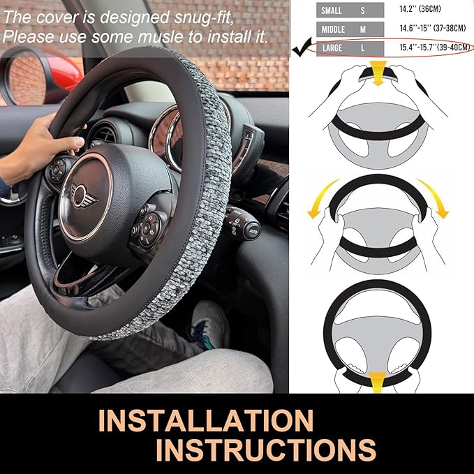 PINCTROT Large Size Chenille Leather Steering Wheel Cover, Soft Mottled Colors, Sweat-Proof, Non-Slip Grip, All-Season Comfort, 15.5-15.75 Inch(Mottled Gray)