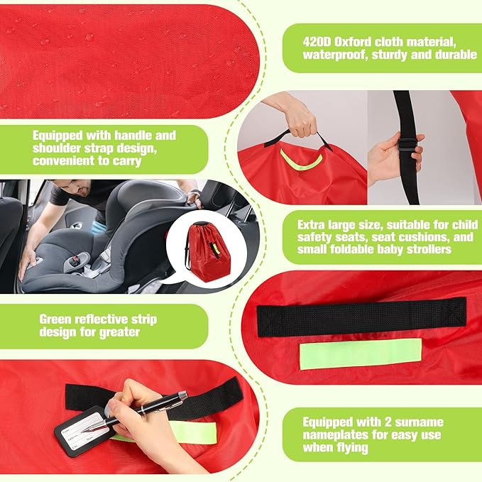 Sublaga Car Seat Bags For Airplane Travel, Durable Carseat Cover For Air Travel Car Seat Travel Bag with Shoulder Straps and 2pcs Luggage Tags For Airplane, Red
