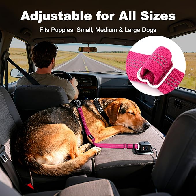 APakBak Dog Seat Belt for Car, Adjustable Dog Car Harness Seatbelt for Small Medium Large Dogs, Heavy Duty Travel Safety Restraint with Locking Aluminum Hook & Reflective Nylon Strap, Pink