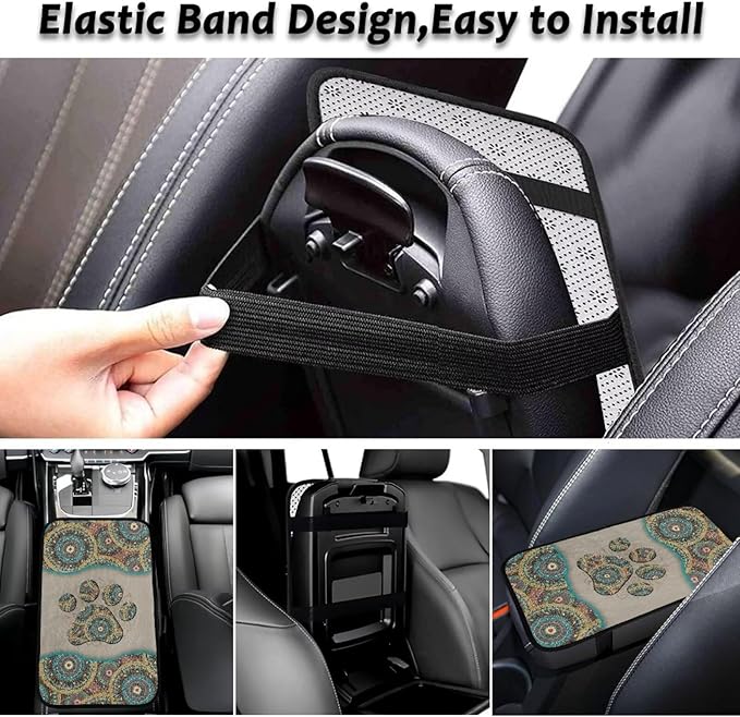 Bulopur Boho Dog Paw Prints Auto Armrest Console Accessories Flannel Center Console Cover Warmth Car Console Covers Protect from Pet Claws Fit Most Car, Truck, SUV, or Van