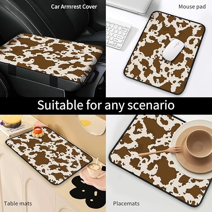 Car Center Console Cover, Universal Soft Large Neoprene Auto Armrest Seat Box Cover, Funny Car Decor Accessories Fit for Most Cars, Vehicles, SUVs Cute Brown Cow Print