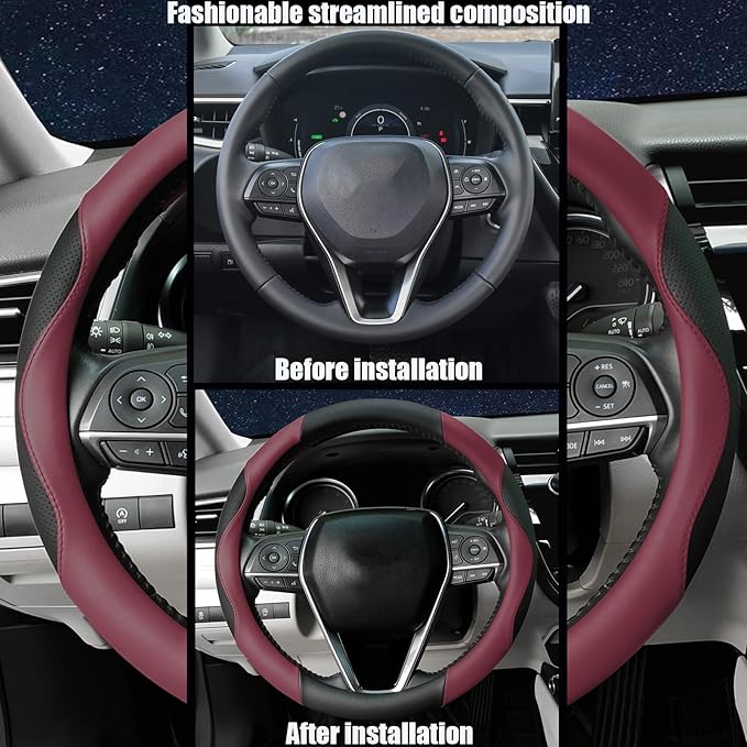 Mihecor Steering Wheel Cover Universal Standard Size 14.5-15 inch, Breathable Microfiber Leather, Anti-Slip, Soft Grip, Sporty Design, Fits for Cars SUVs Trucks, Black and Burgundy