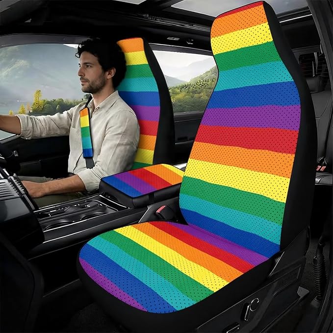 Psesaysky Rainbow Stripe Car Seat Covers Set of 2 with Padded Armrest Cover Seat Belt Pad, Waterproof Car Interior Accessories Unverisal Fit Most Vehicle SUV Turcks