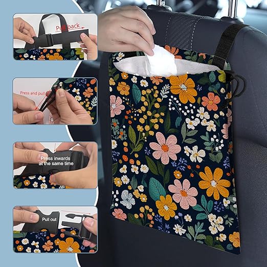 Colorful Flowers and Plants Car Garbage Bag,Small Car Trash Bag Hanging,Drawstring Car Garbage Bag with Adjustable Buckle for Car Back Seat,SUVs,Camping,Road Trips
