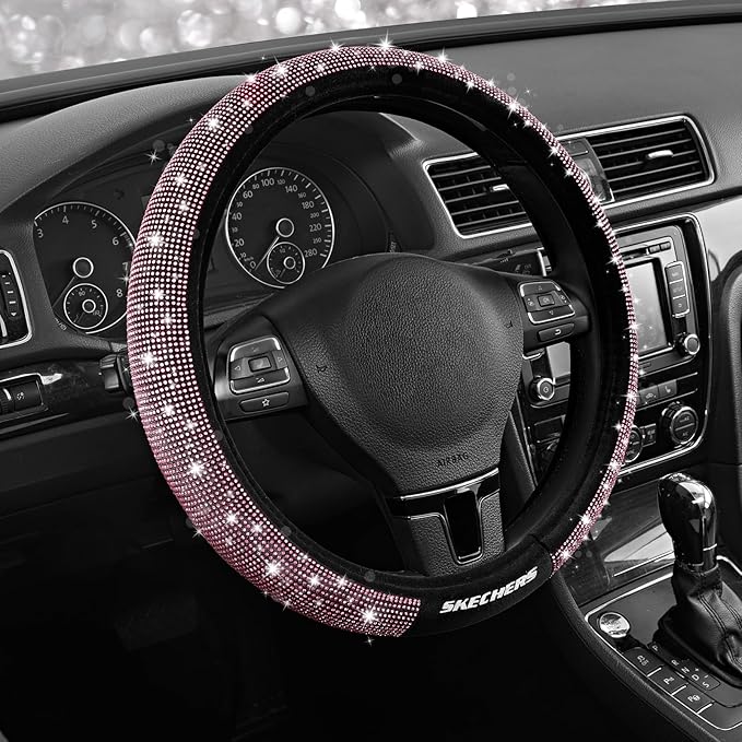 Skechers Women’s Bling Steering Wheel Cover, Velvet with Sparkly Crystal Rhinestones, Stylish Car Interior Gift, Universal Fit 14" 1/2-15" for Cars, SUVs, Trucks, Pink Diamond