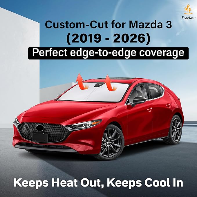 Econour Windshield Sun Shade for Mazda 3 2019-2026 Mazda3 Accessories Hatchback/Sedan Custom Fit Sunshade Foldable Sun Visor Protector Blocks UV Rays Keep Your Car Cooler