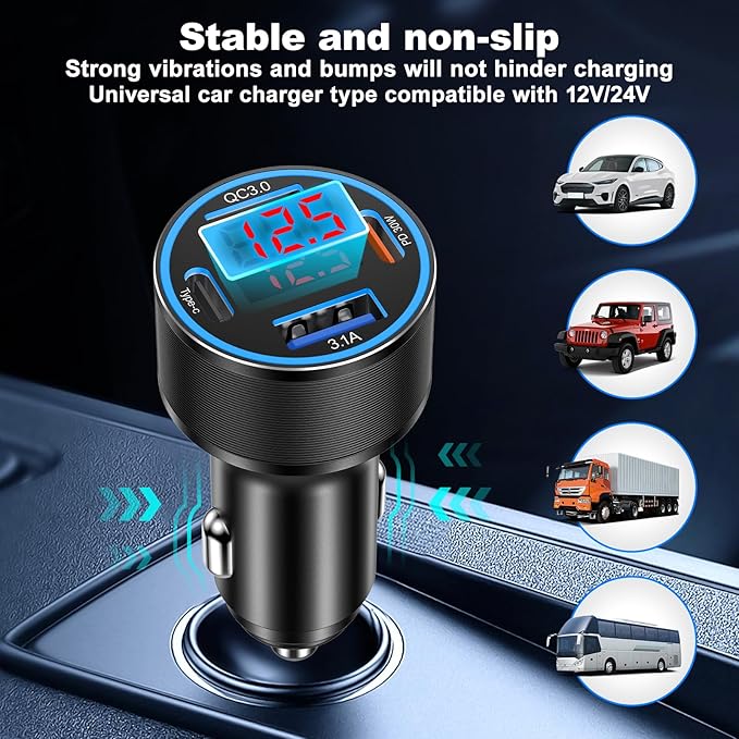 USB C Car Charger, 65W Fast Charging Cigarette Lighter 4-Ports PD 30W USB Car Phone Charger with Volt Meter, 2 x USB-C Cables for iPhone 16 15 14 13, Samsung Galaxy S25 S24 S23 S22, iPad & Tablets