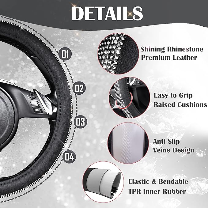 CAR PASS Diamond Black Leather Steering Wheel Cover, with Bling Crystal Rhinestones Universal Fit 14" 1/2-15" Crystal Glitter for Women Sparkle Girl Fit Suvs,Vans,Sedans,Cars,Trucks, White Diamond