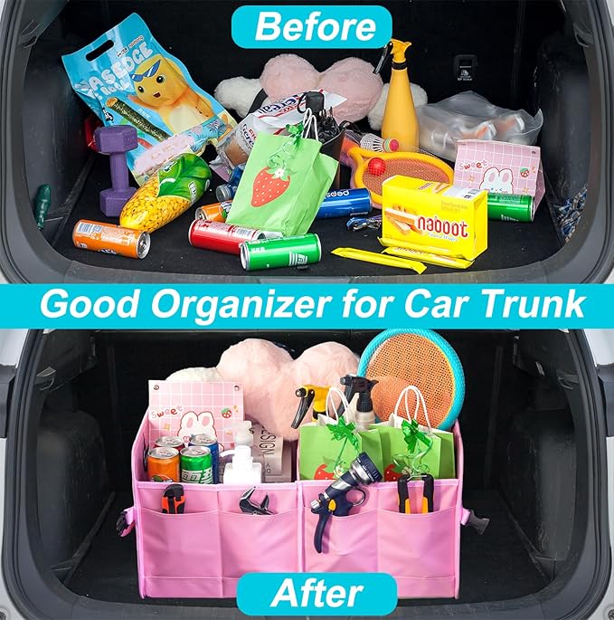 titiyiof Trunk Organizer For Suv & Sedan,Car Organizers and Storage, Waterproof Collapsible & Adjustable Straps,75L Sturdy Car Organization for Car Accessories, Tools,Sundries,2-3 Compartment（Pink）
