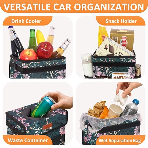 Vankor 3 Gallons Car Trash Can with Lid, Car Trash Bag Bin Hanging Waterproof Automotive Garbage Cans Leak Proof Vehicle Trash Can Navy Floral