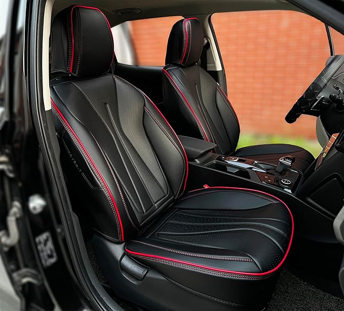 PINCTROT Car Seat Covers Front Set, Breathable Soft Pebbled Leather, Luxury Waterproof Seat Cushion, Airbag Compatible, Seat Protector Universal Fit Most Cars (Front Set, Black Red Trim)