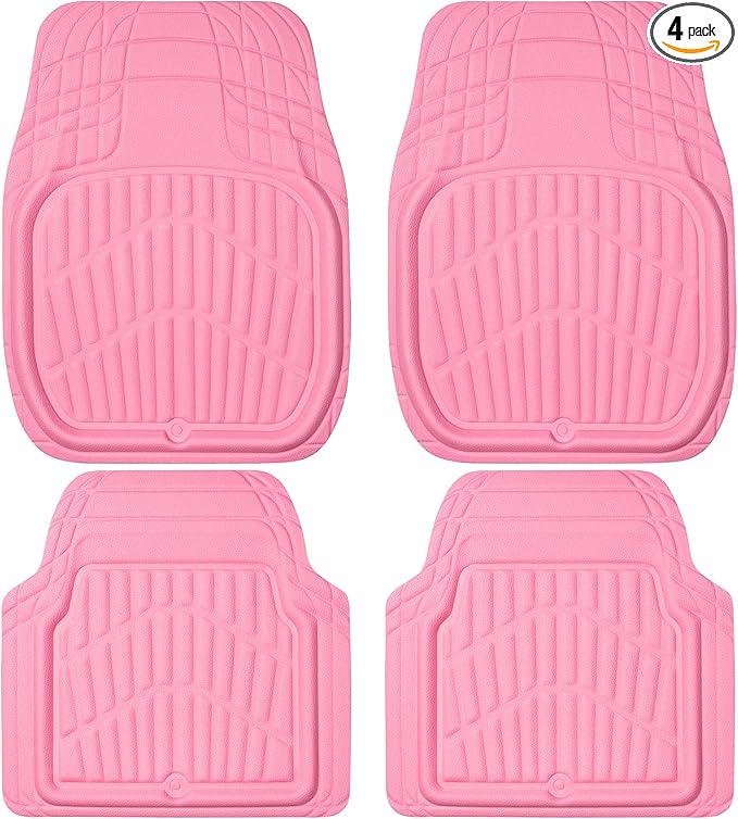 CAR PASS 4 Piece Leather Car Floor Mats -3D Cute Girly Waterproof All Weather Car Mat Full Set, Universal Trim to Fit & Anti-Slip Burr Bottom & Light Easy Clean for SUV Truck Auto Sedan Van(Pink)