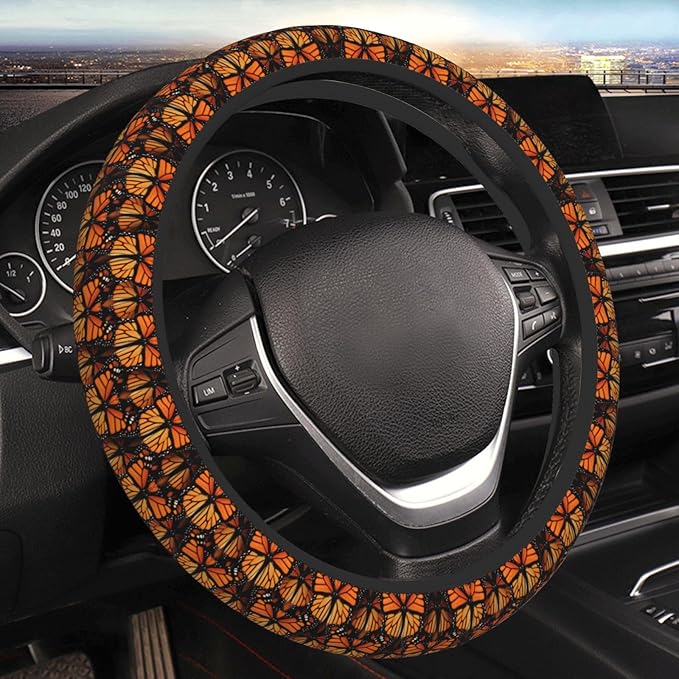 Orange Monarch-Butterflies Wings Universal Fit Steering Wheel Cover for Car, Truck, and SUV, Durable Steering Wheel Protection